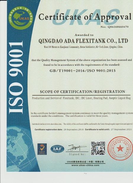ประเทศจีน Qingdao ADA Flexitank Co., Ltd รับรอง